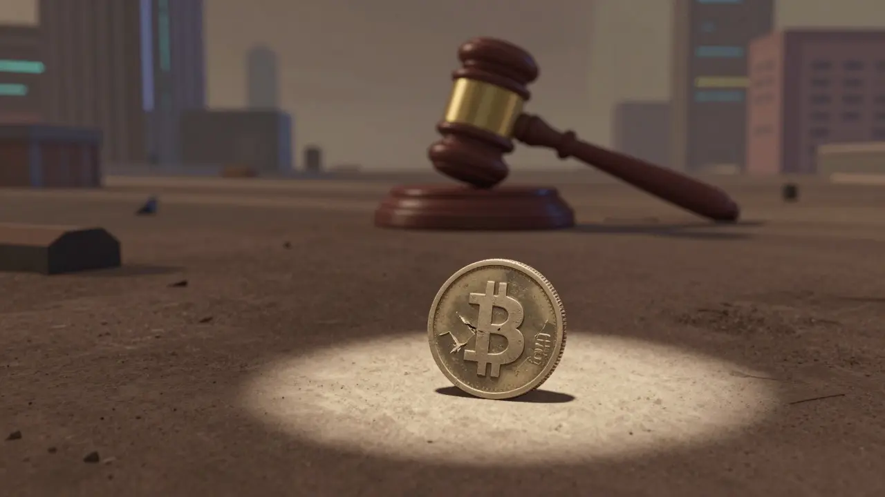 Abandoned cartoon coin sitting alone in a desolate digital landscape under a gavel's shadow.