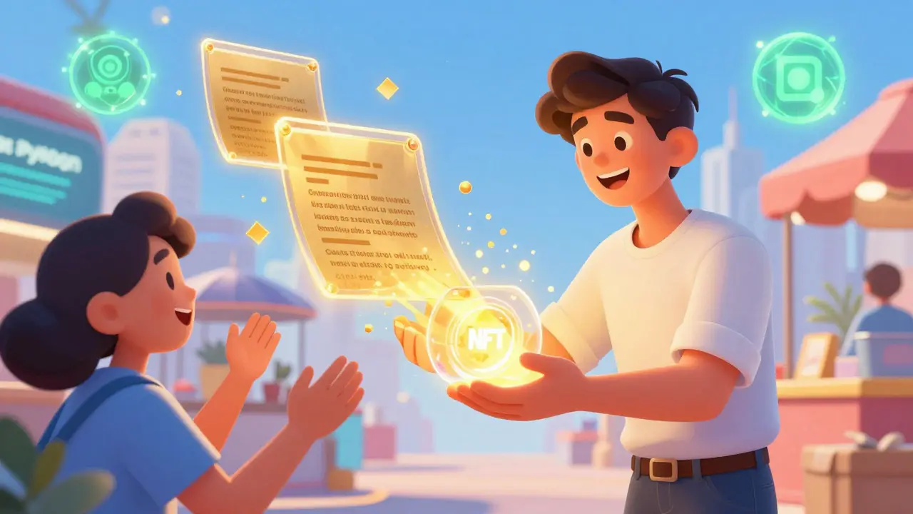 Artist selling a glowing NFT to a fan via transparent smart contracts.
