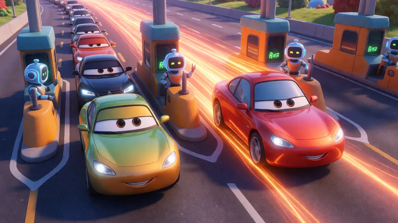 Cartoon cars at a toll booth showing high-fee transactions bypassing a queue.