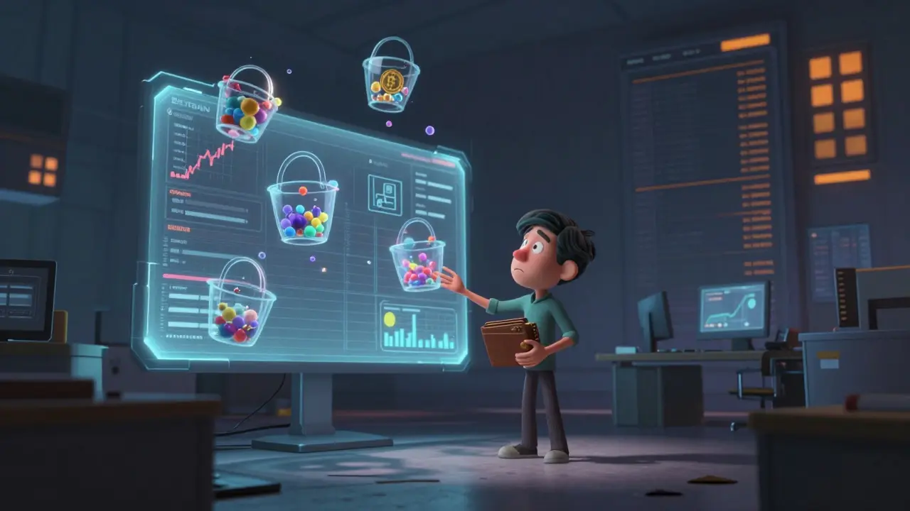 Cartoon character facing complex, floating asset baskets in a dim room