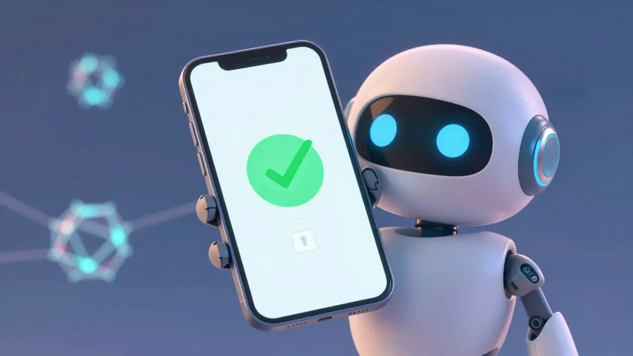 Cartoon character happily checking a secure claim confirmation on a phone