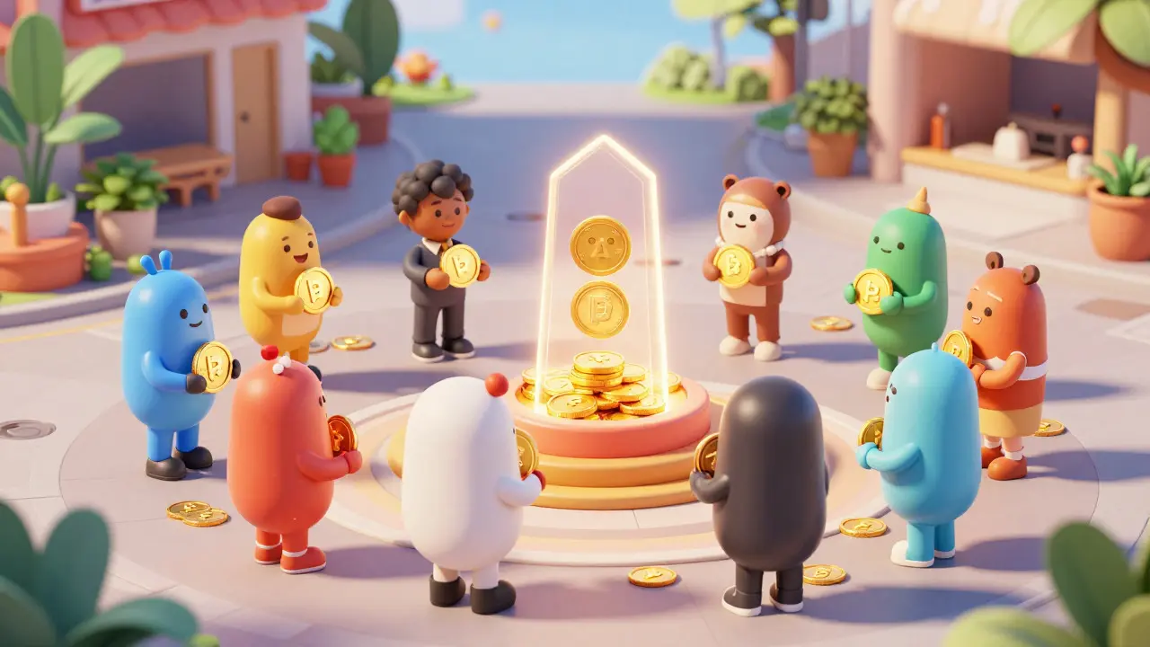 Cartoon characters trading and staking golden tokens in a community plaza, illustrating decentralized finance
