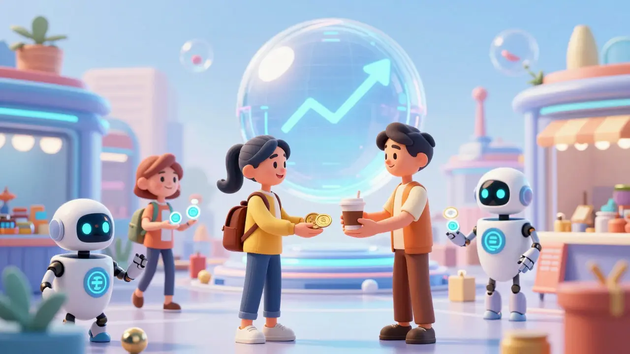 Cartoon characters trading digital tokens in a futuristic marketplace