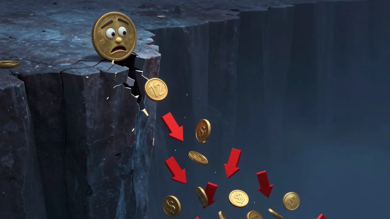 Cartoon coin cracking and falling off a cliff into a dark abyss during a market crash.
