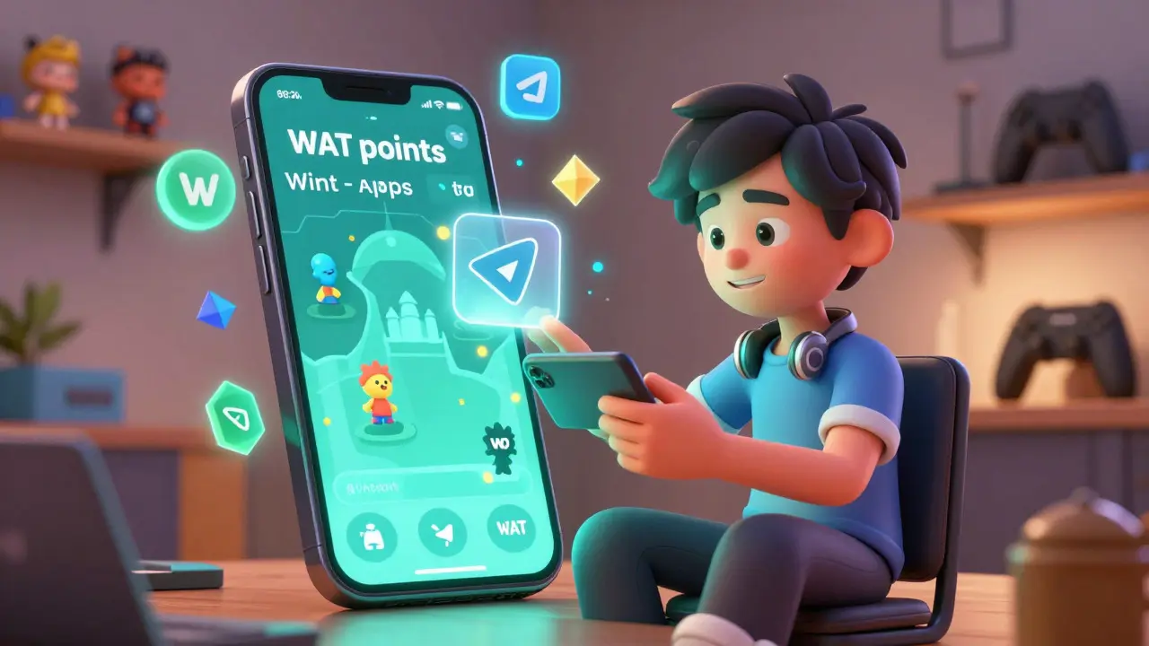 Cartoon gamer collecting glowing points from a smartphone in a cozy room