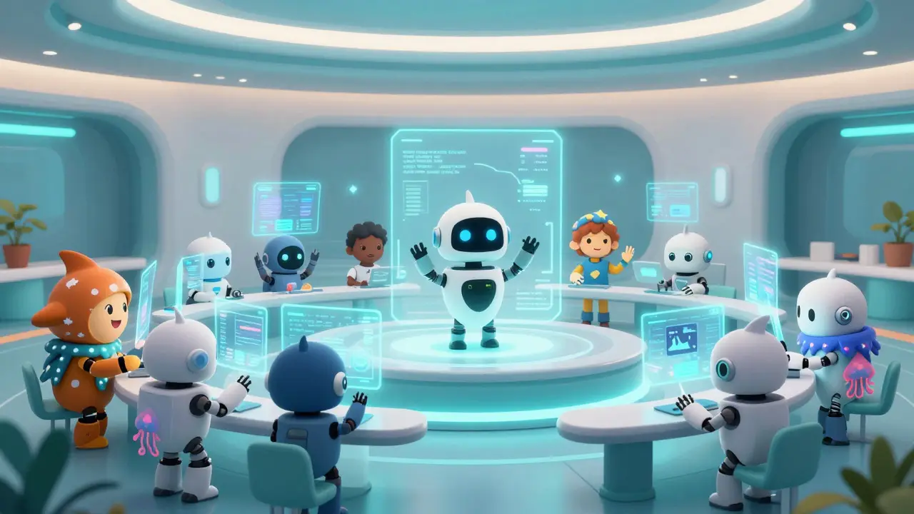 Cartoon robots and humans interacting in a futuristic metaverse lounge