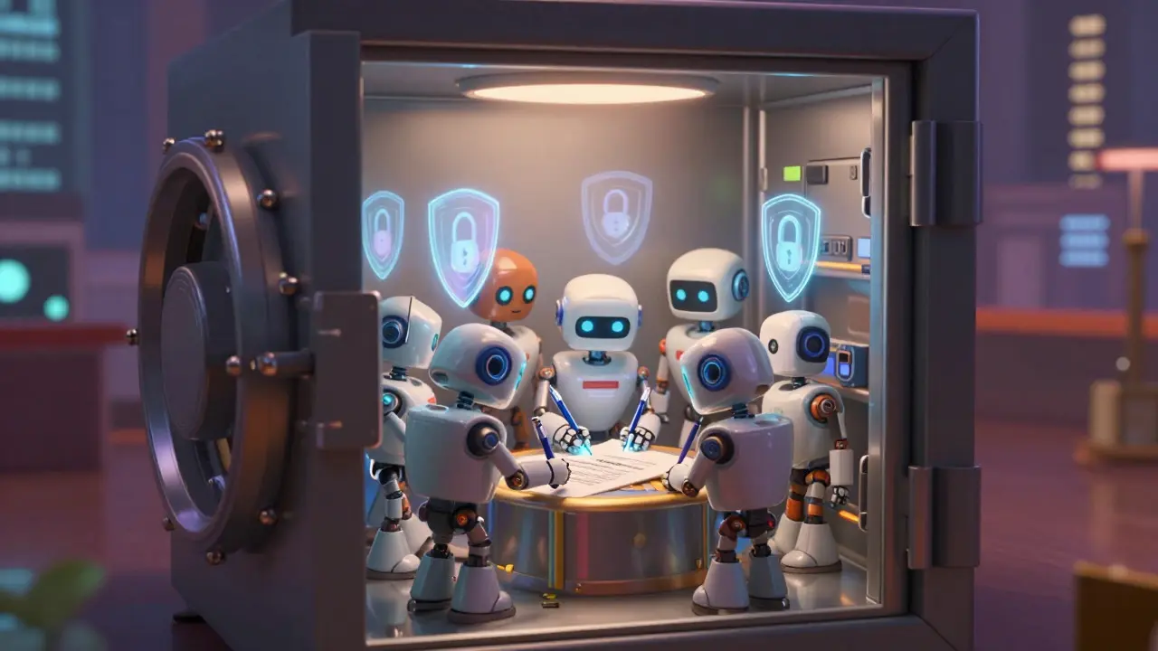 Cartoon robots collaboratively securing a transparent digital vault in a Pixar style