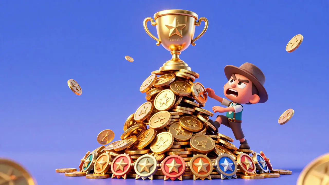 Cartoon trader struggling to climb a tall stack of hollow achievement badges
