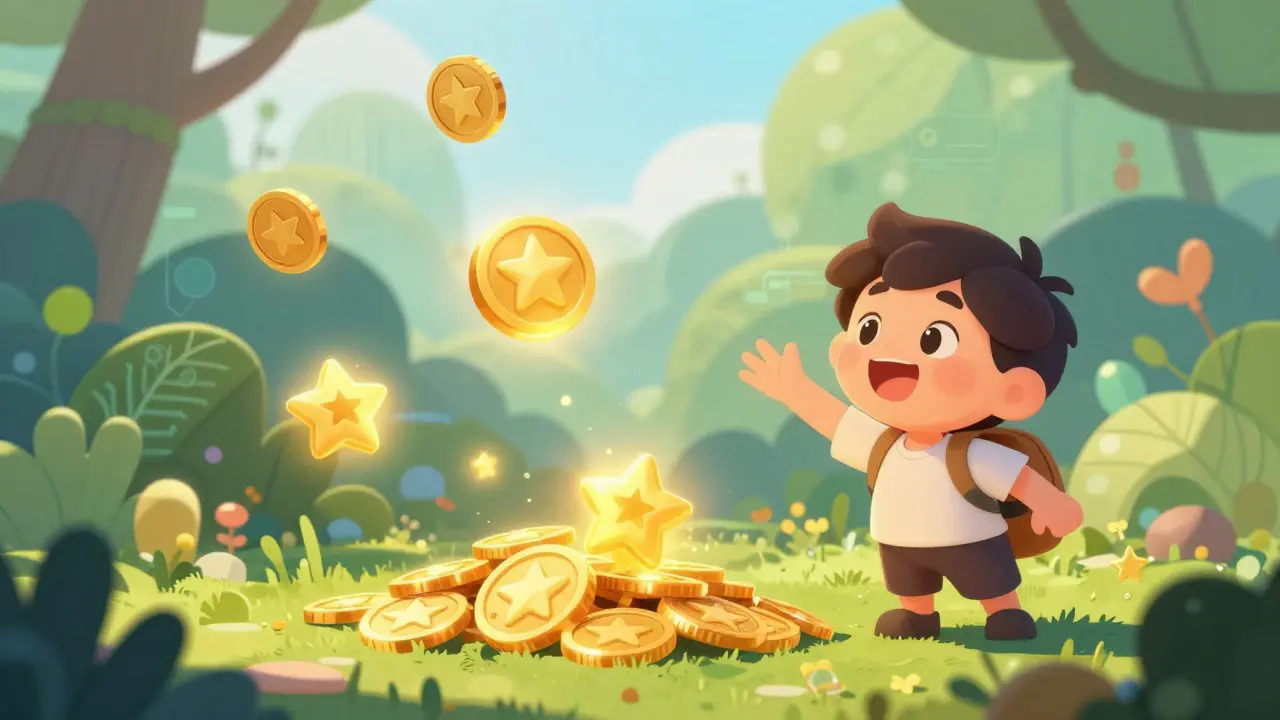 Character collecting floating golden tokens in a magical digital garden