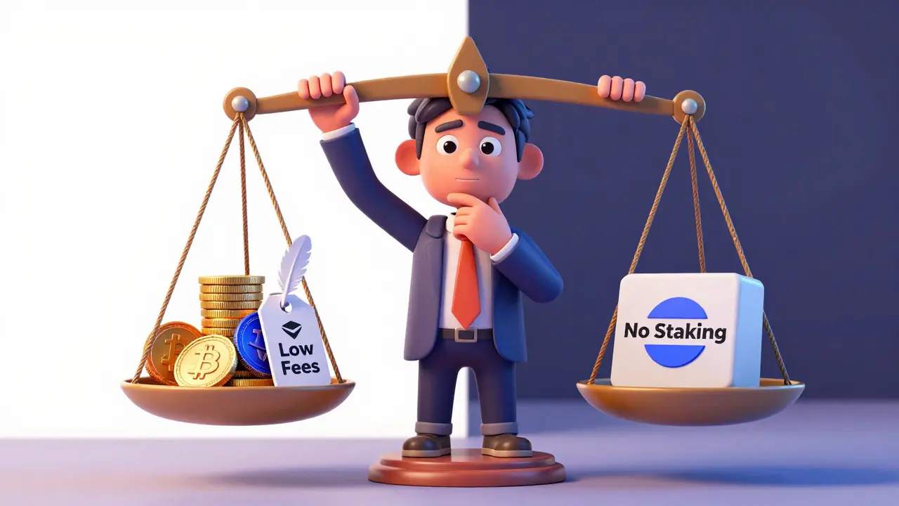 Character weighing crypto benefits against platform limitations