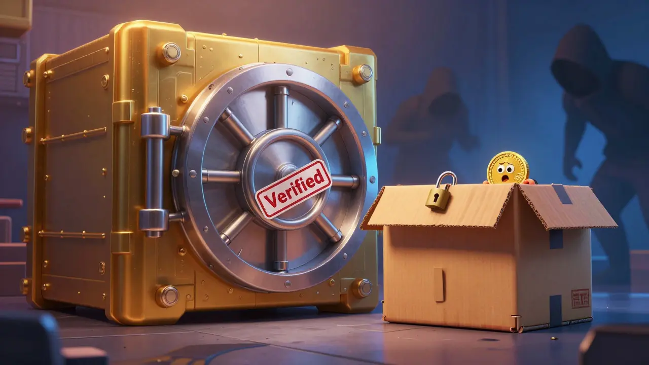 Comparison of secure vault vs flimsy box representing crypto safety