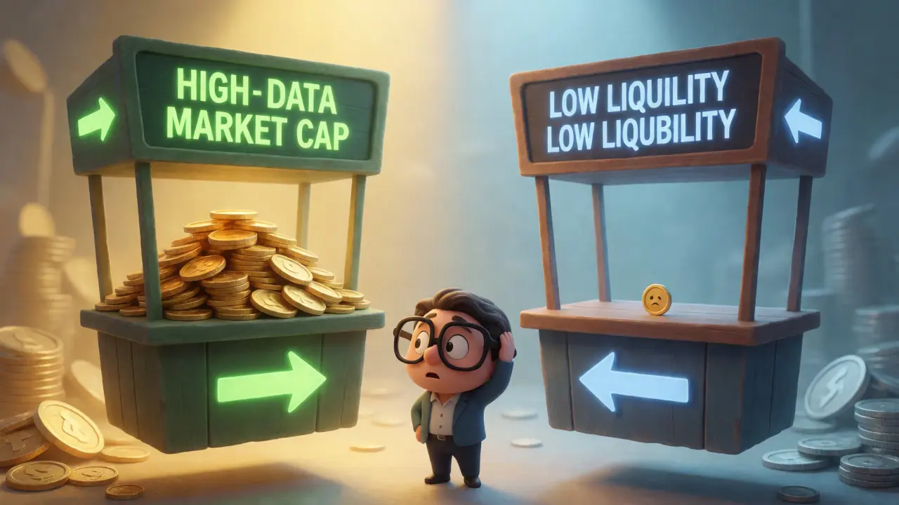 Confused investor comparing two trading booths with different coin piles