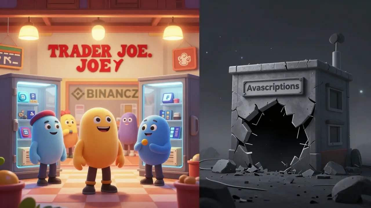 Contrast between a safe, bright exchange and a dark, crumbling risky platform