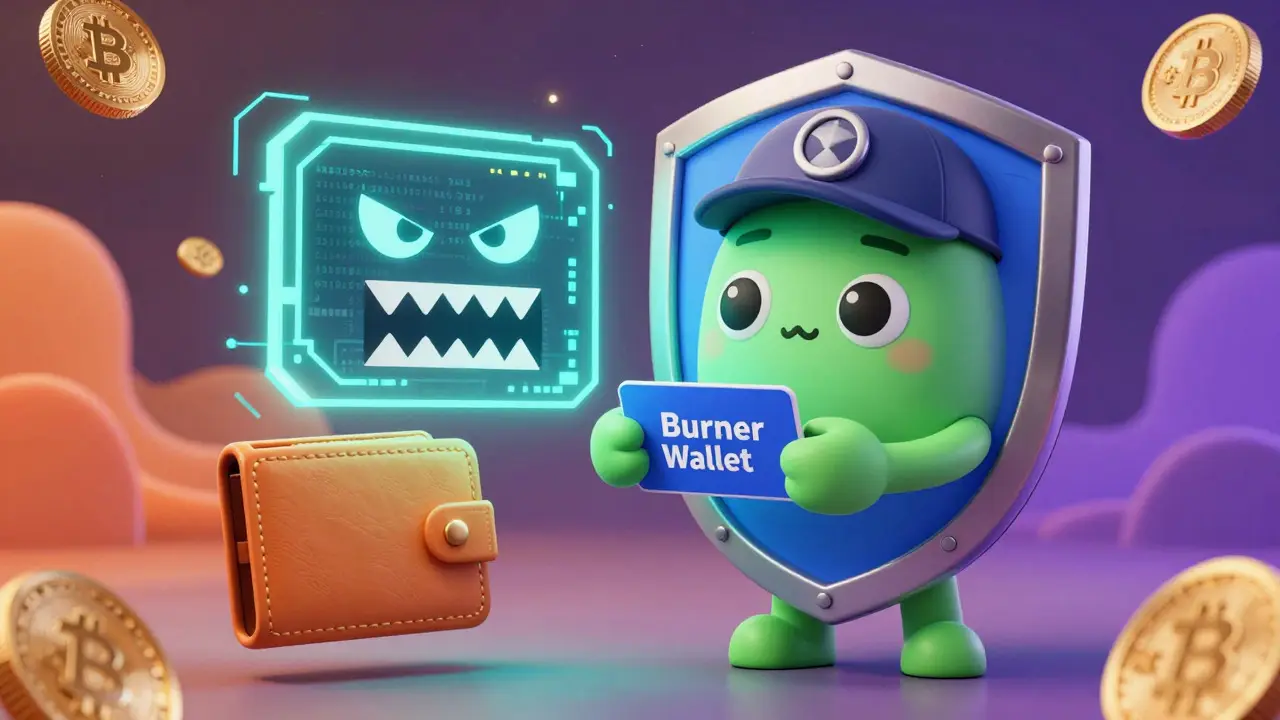 Cute crypto wallet character protected by shield against malicious smart contracts