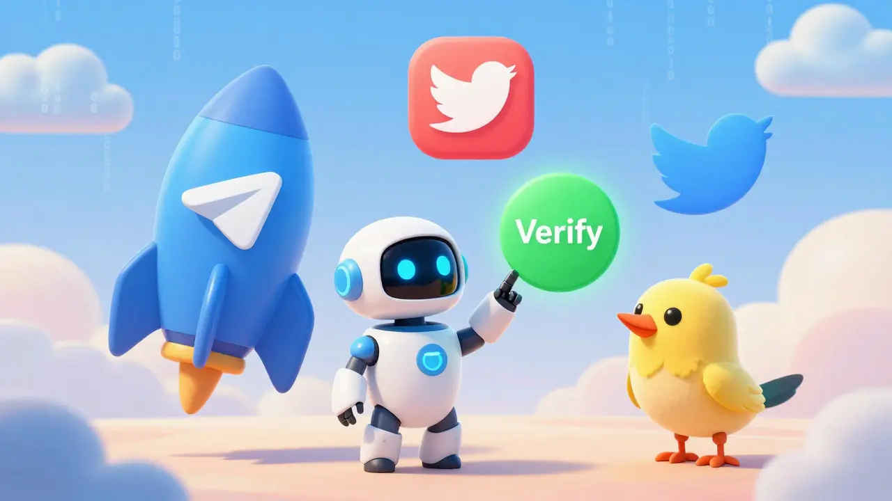 Cute robot guiding a user through Telegram and Twitter social media icons