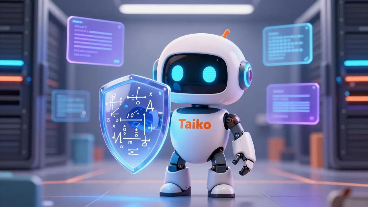 Cute robot holding ZK-proof shield in server room