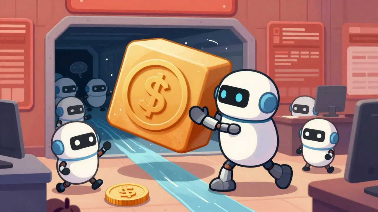 Cute robots struggling to move a large coin block through a narrow, crowded trading tunnel