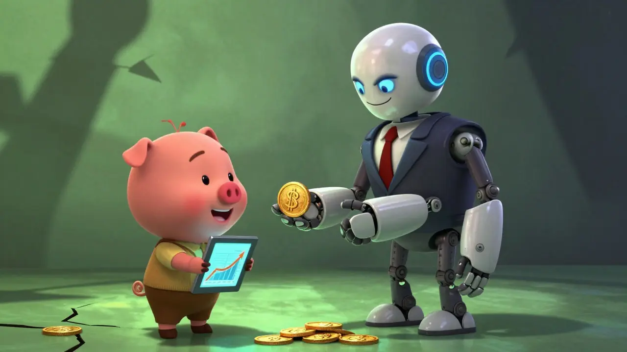 Deceptive robot handing fake profits to happy user