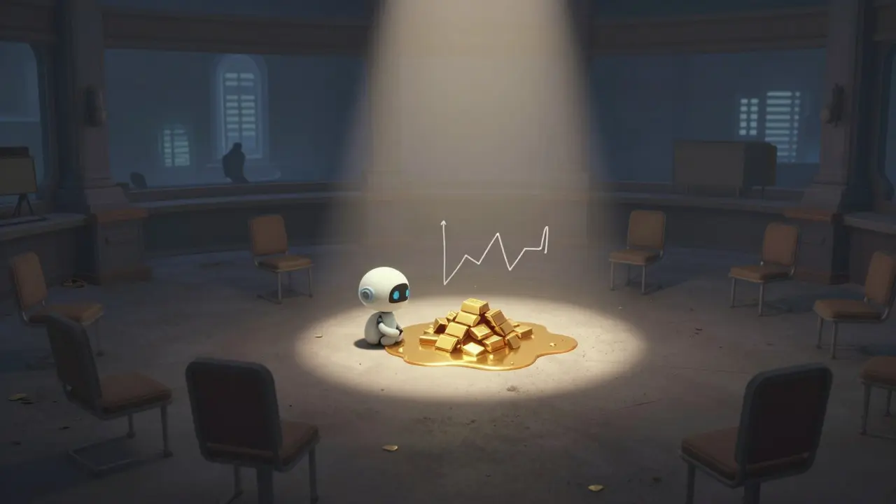 Desolate cartoon trading floor with a small pool of gold and an empty chair