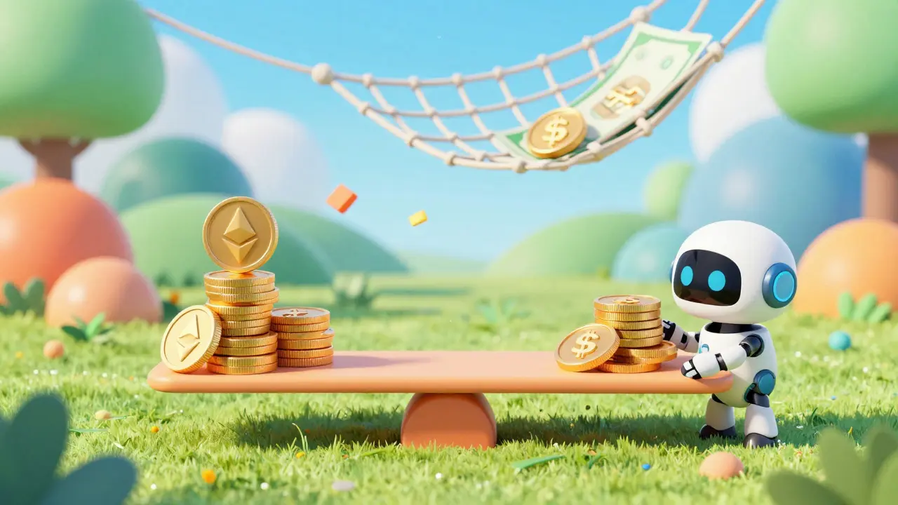 Ethereum and stablecoins balancing on a scale with a safety net in Pixar style