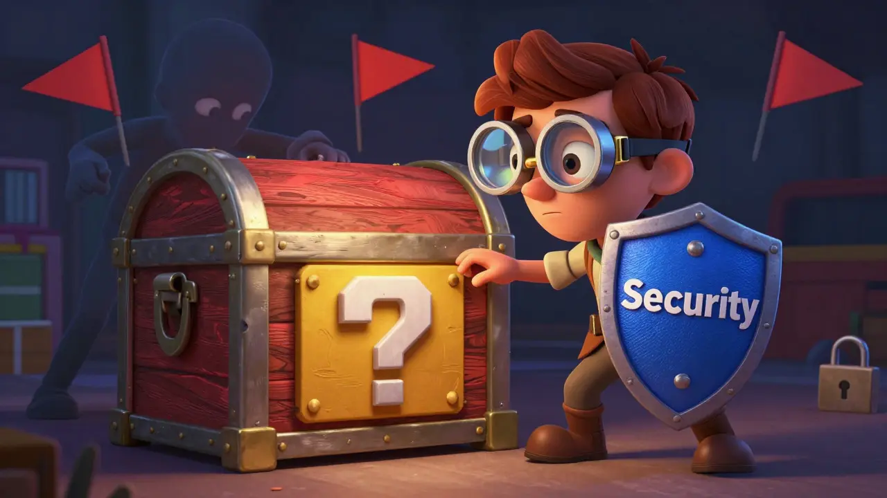 Explorer inspecting a crypto treasure chest with security tools and shields