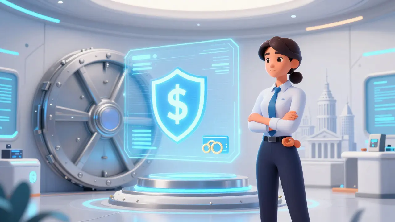 Finance professional managing a secure digital vault with holographic stablecoin and security icons
