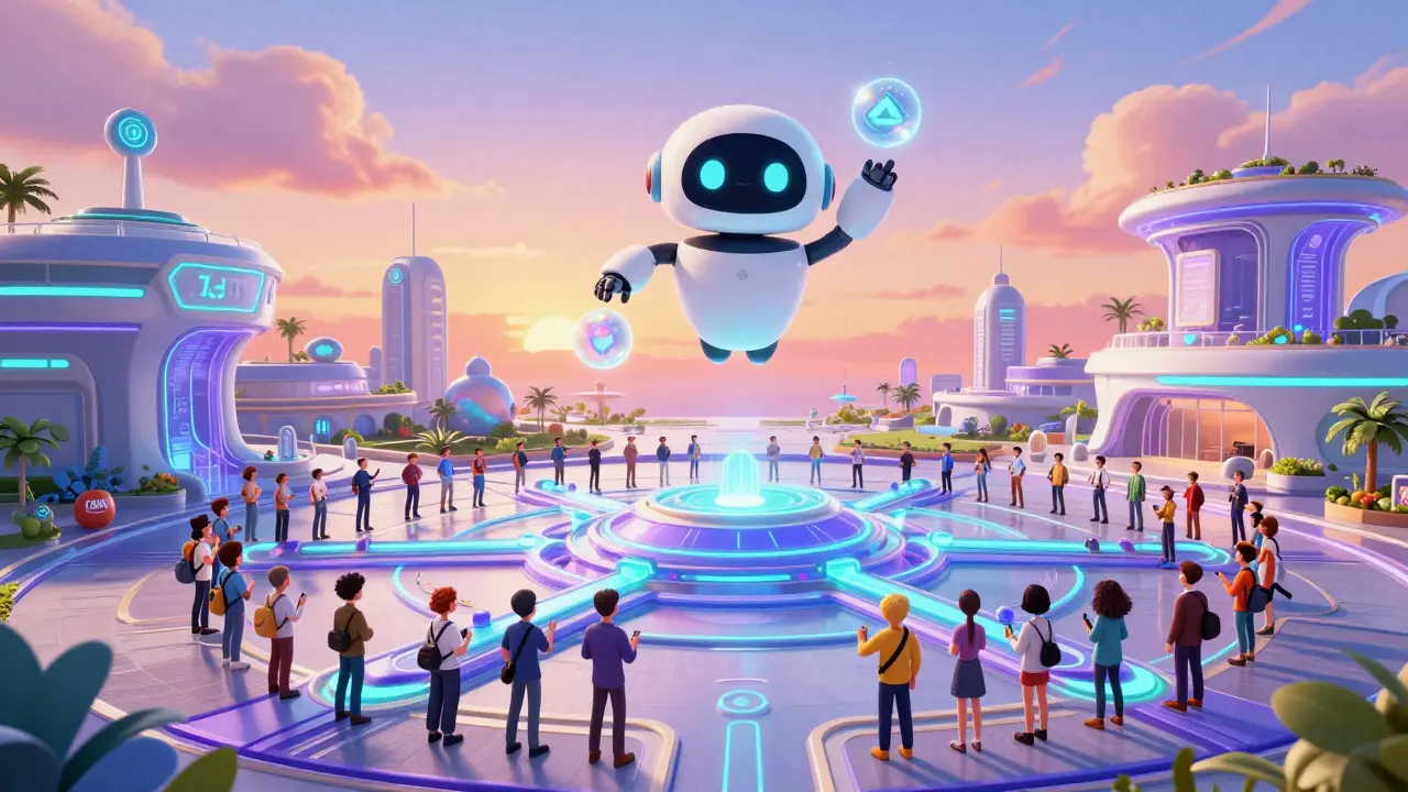 Futuristic plaza where diverse characters receive glowing energy orbs from a robot