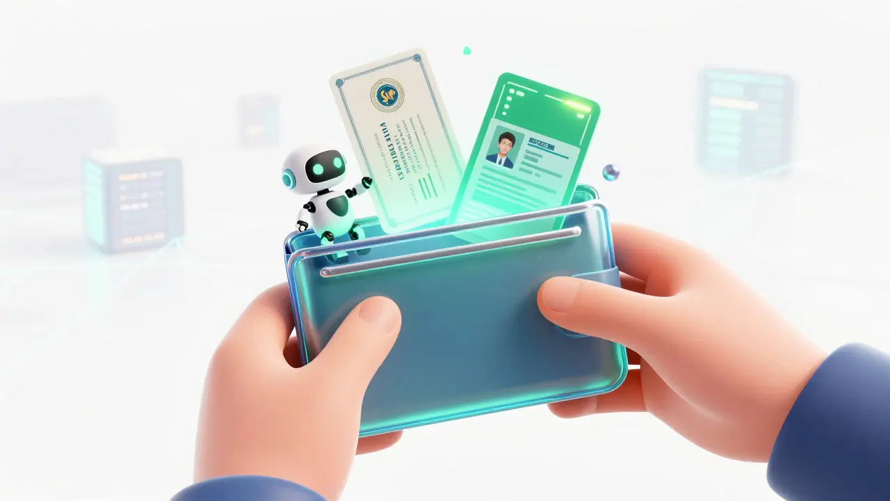 Glowing digital wallet holding holographic credentials with a cute robot helper.