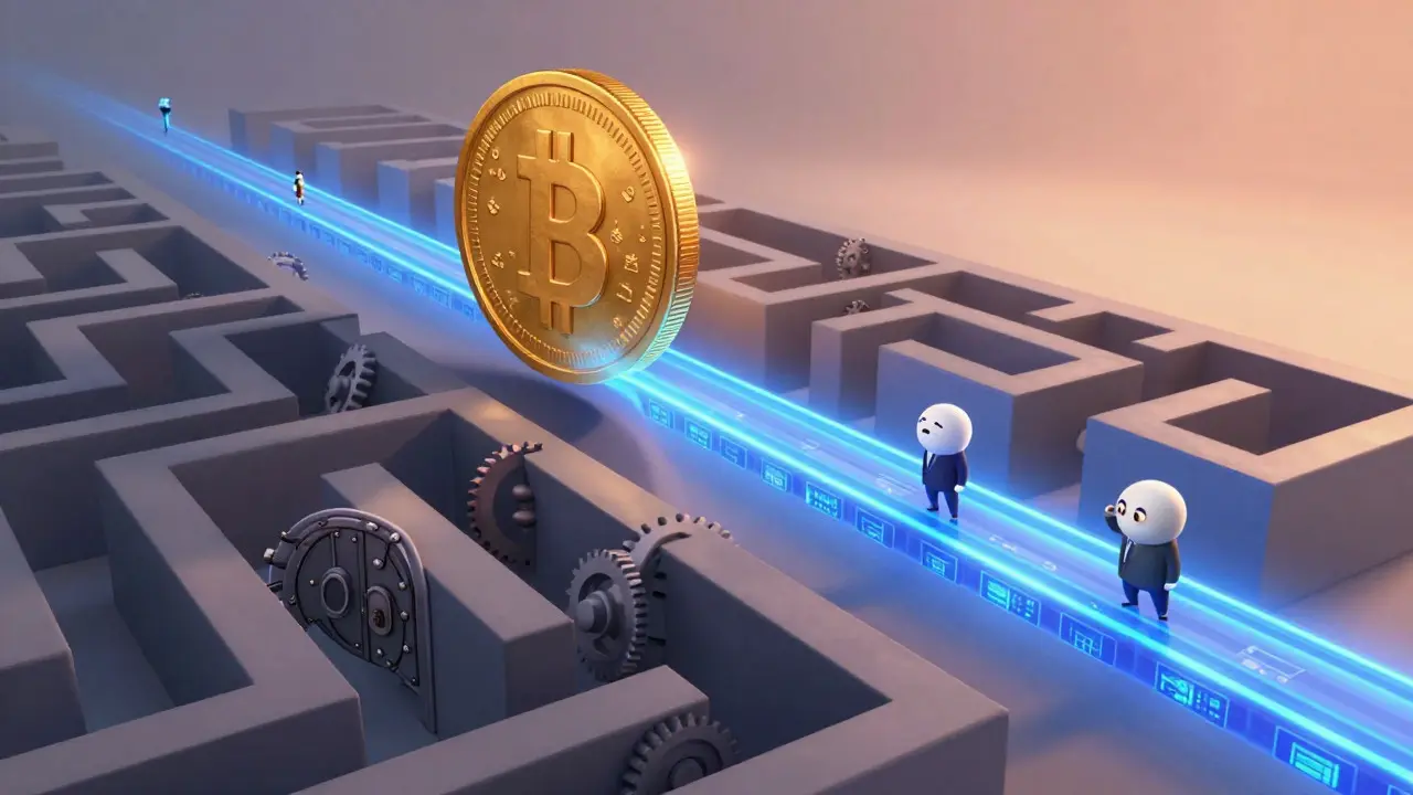 Golden coin flowing through a fast digital track versus a slow maze of traditional banking gears