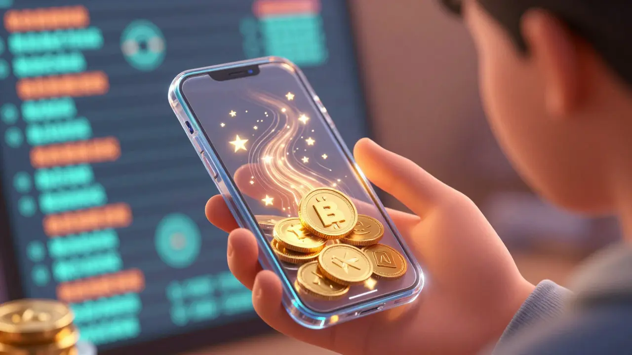 Hand holding a device displaying golden coins and stars in a Pixar style