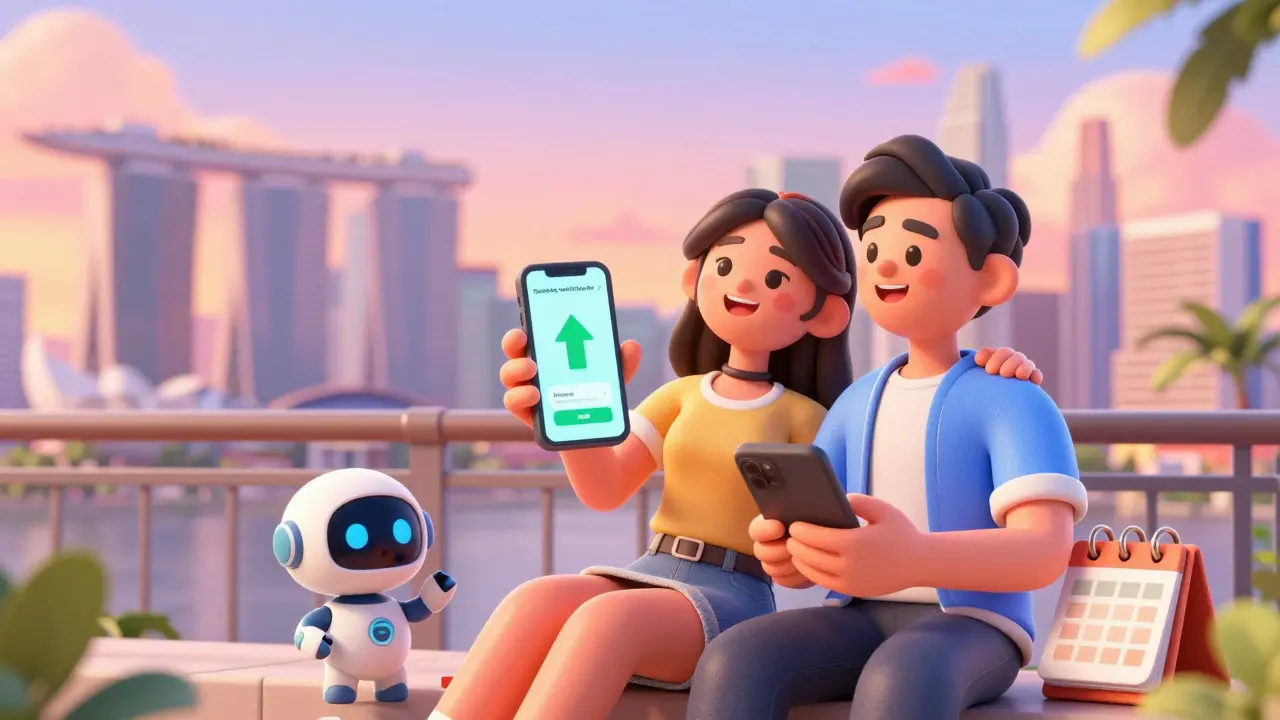 Happy couple enjoying financial freedom on a balcony overlooking a modern city