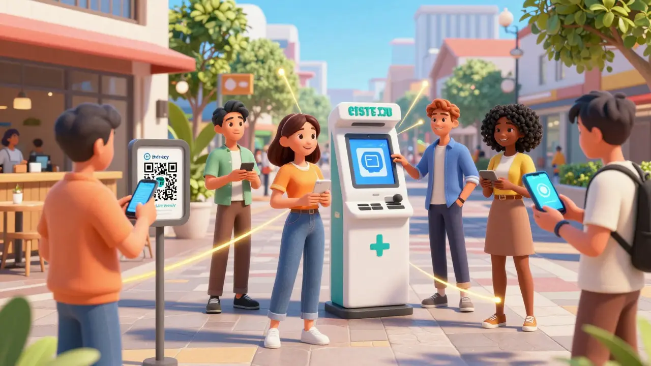Happy people using decentralized identity seamlessly in a bright, modern city.