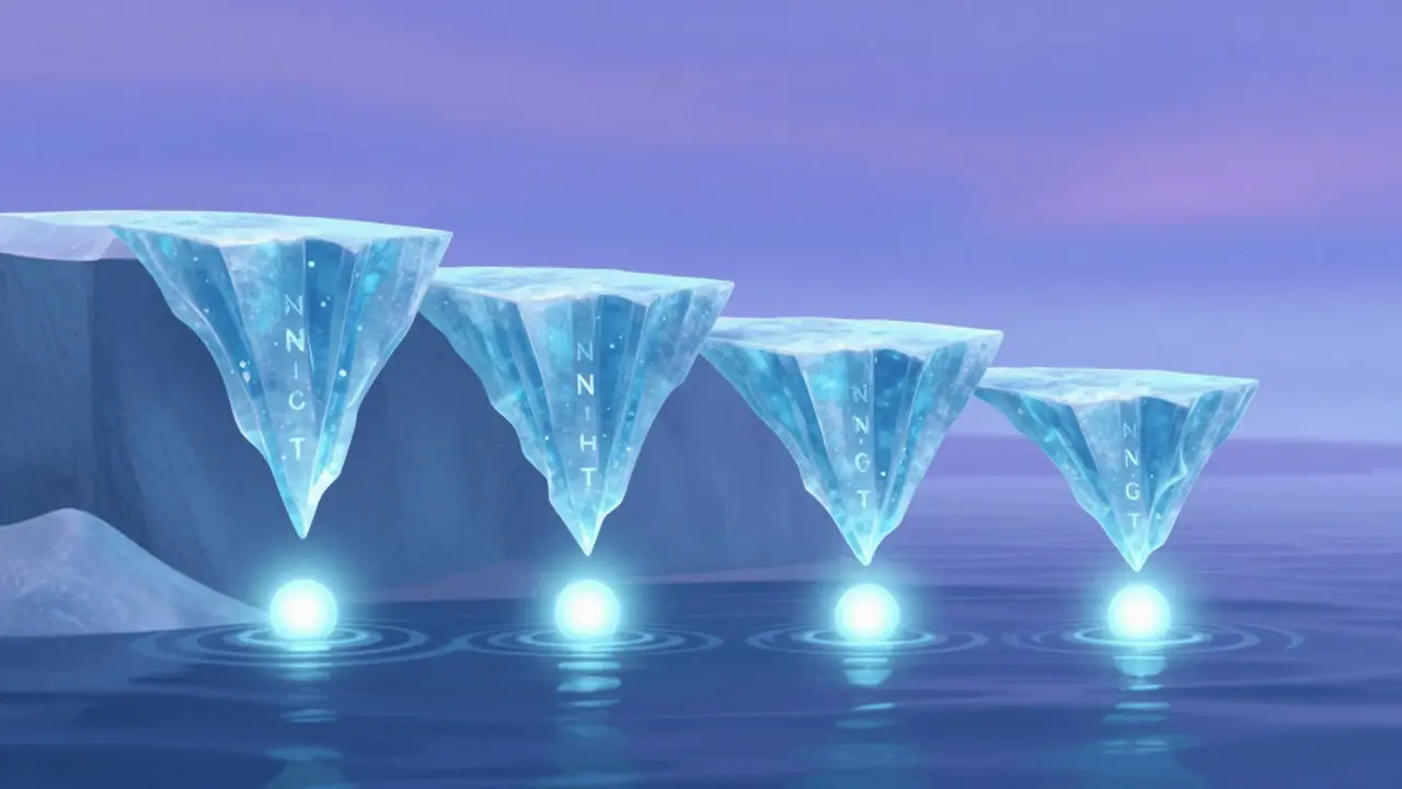 Ice layers melting to release glowing orbs, symbolizing token vesting