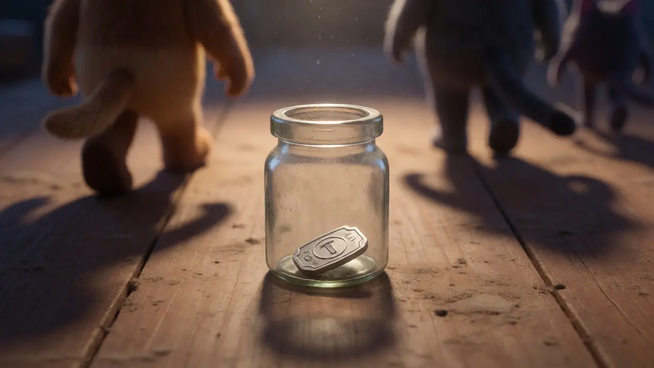 Isolated token in a jar while other crypto mascots walk away