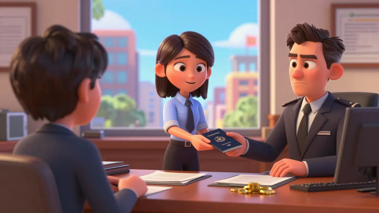 Man surrendering US passport to consular officer with view of foreign city