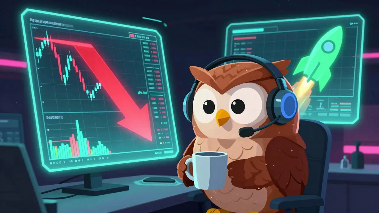 Owl trader analyzing volatile crypto charts on screens