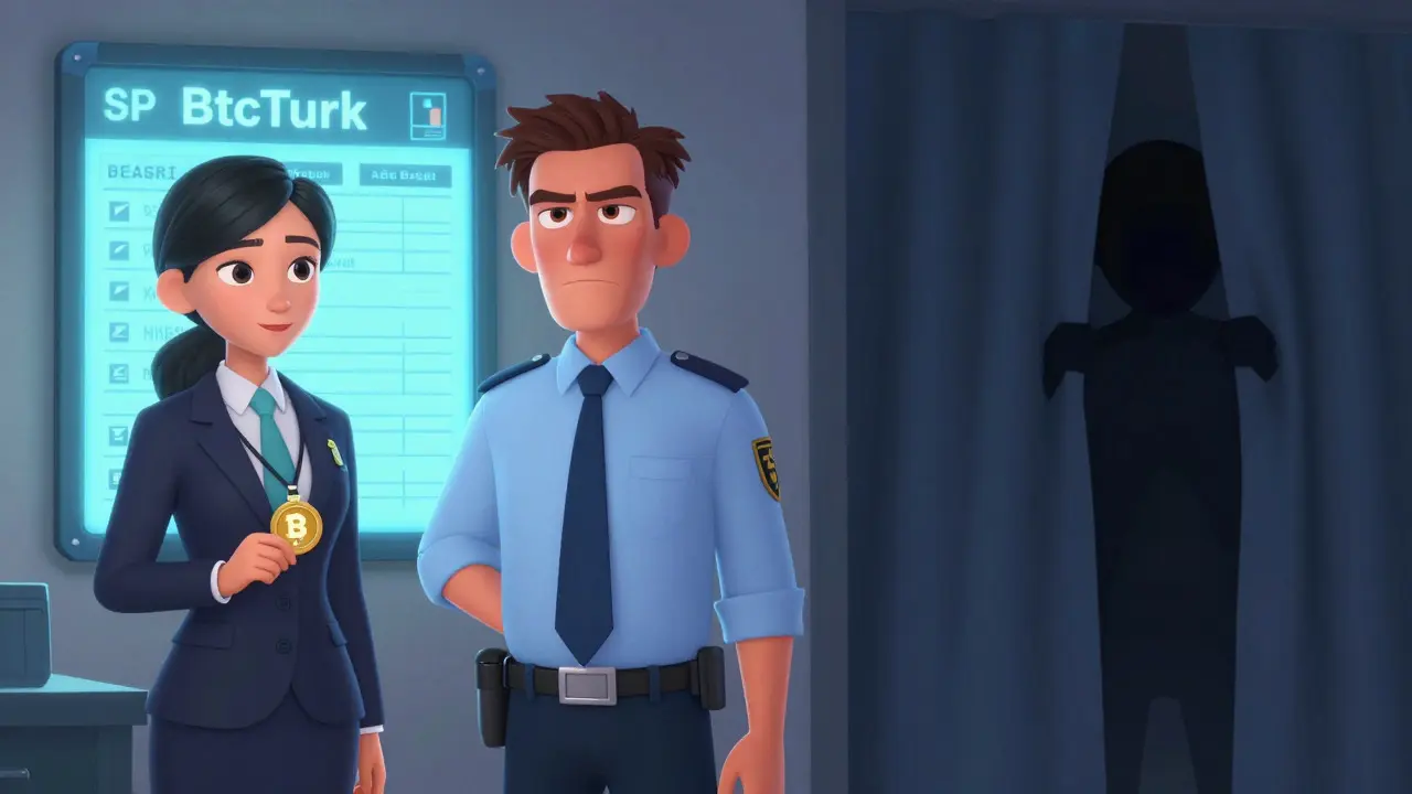 Regulatory inspector checking licenses, highlighting BitTurk's absence