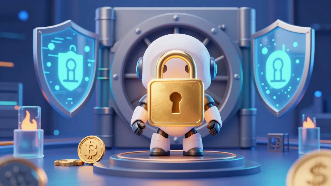 Robot guardian protecting digital assets with security shields