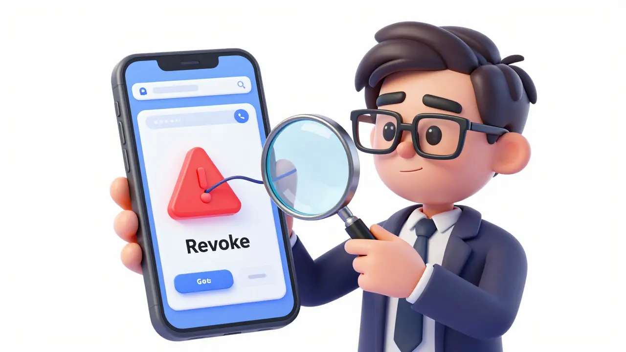 Smart cartoon investor using a magnifying glass to spot and block a crypto scam on a phone.