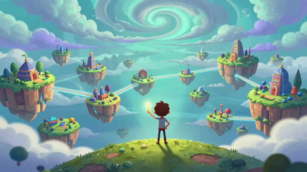 Smiling character overlooking interconnected floating game islands