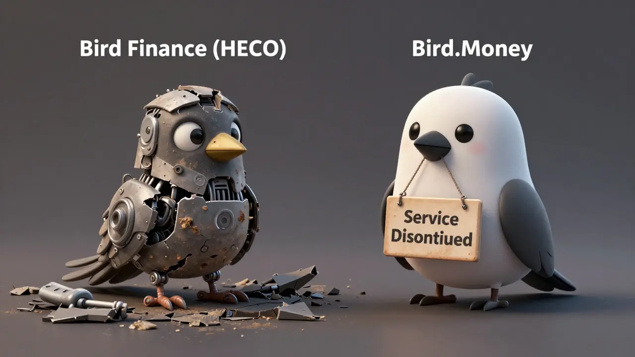 Two broken, defunct bird characters representing failed crypto projects on a cracked chain.