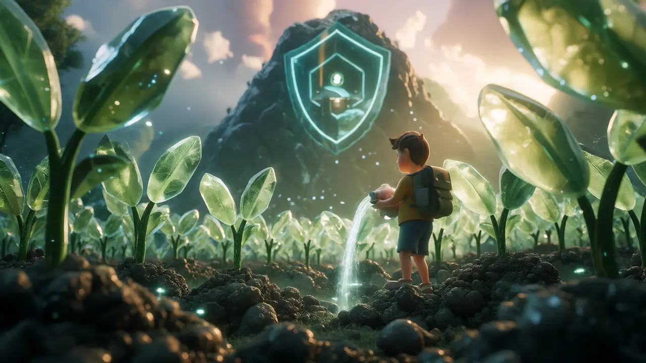 A cartoon avatar tending to crystalline token-plants in a futuristic garden