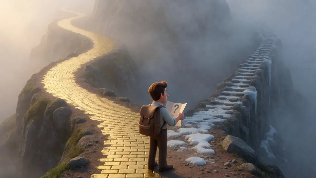 A cartoon investor facing a forked mountain path representing risk and reward.