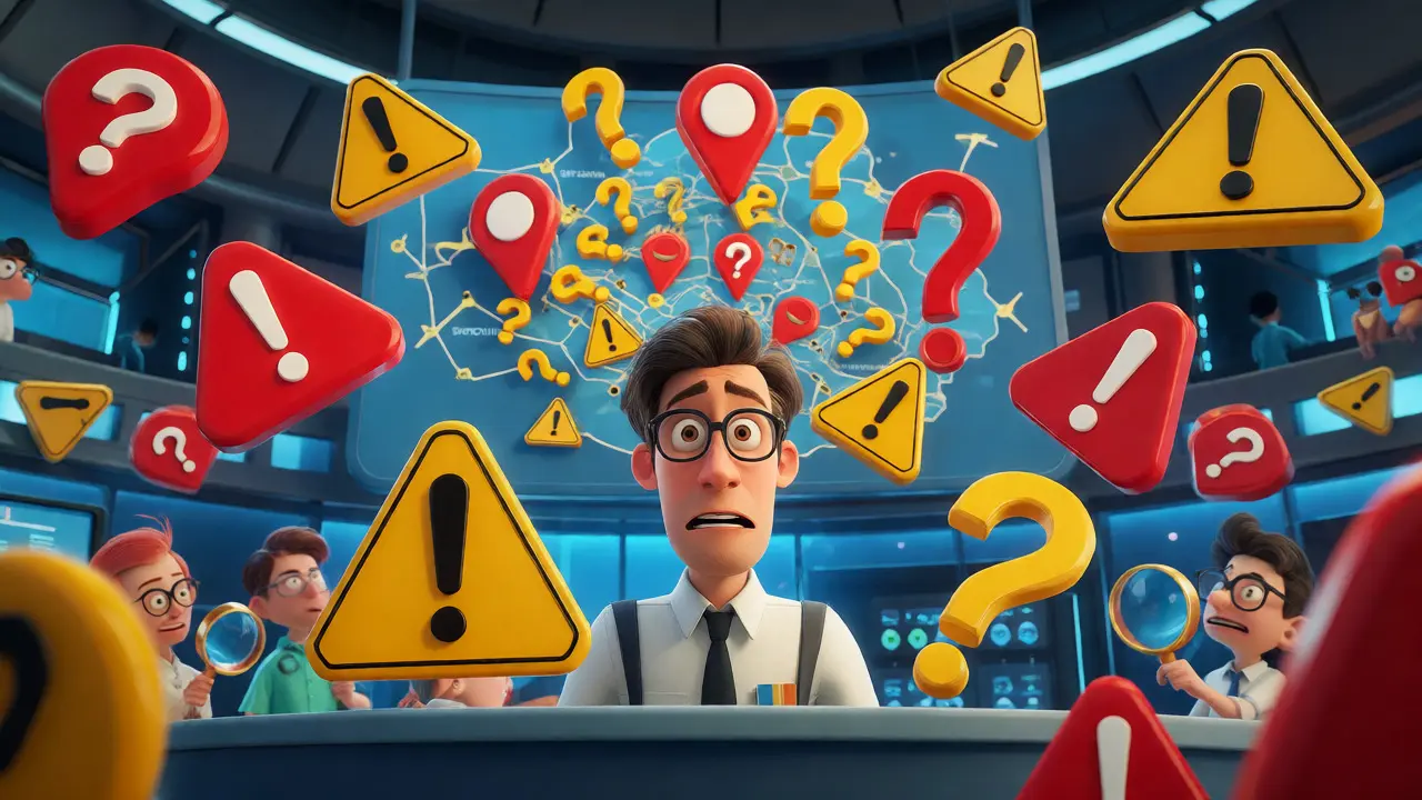 A confused trader surrounded by warning signs and a confusing map highlights exchange red flags.
