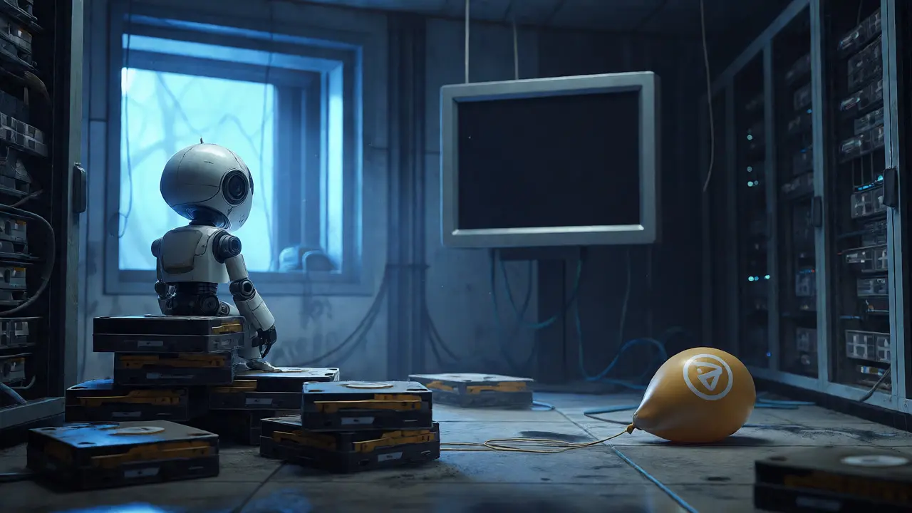 A lonely robot sits in an abandoned digital vault, representing the silent collapse of Folgory.