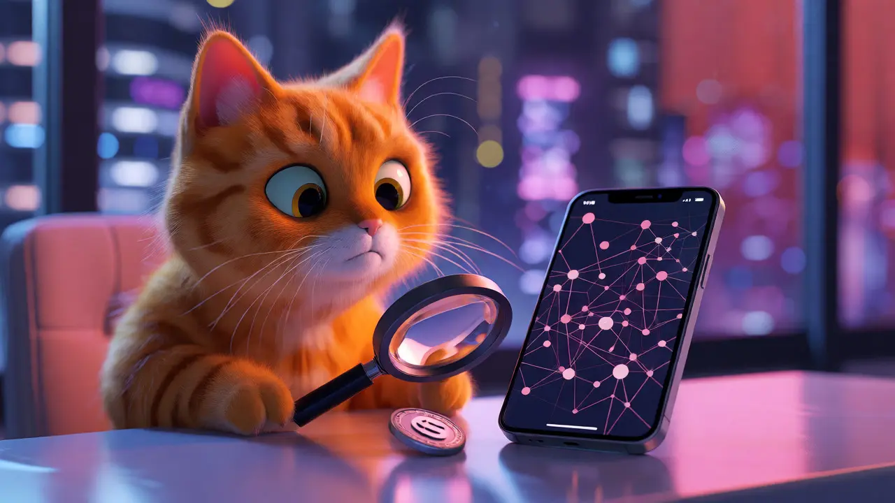 A thoughtful cartoon cat examining a coin near a smartphone in a dimly lit room.