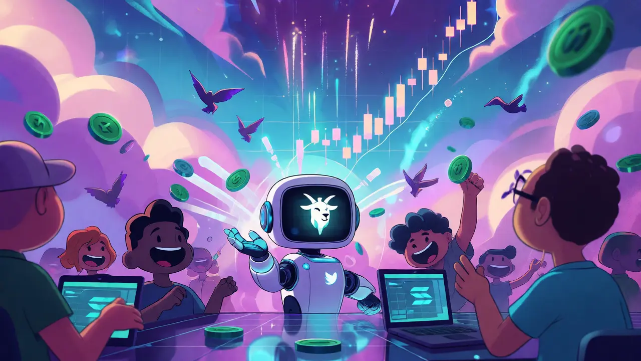 AI robot tweeting as cartoon traders buy flying green crypto tokens.