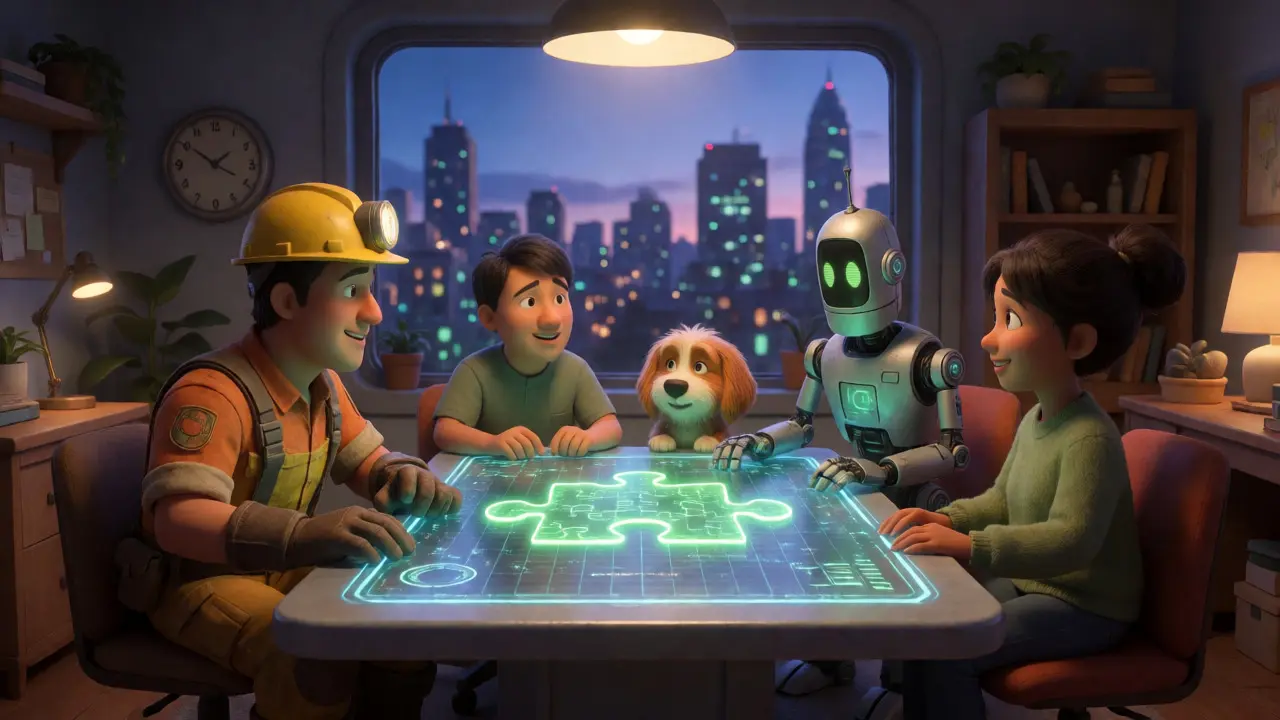 Animated characters solving a puzzle on a holographic table in a modern office.