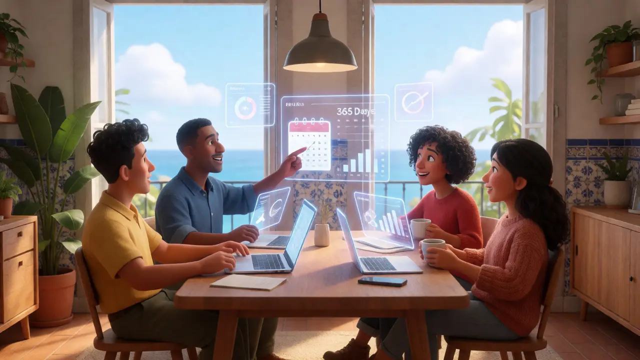 Animated people relaxing in a Portuguese home office discussing crypto investments and taxes.