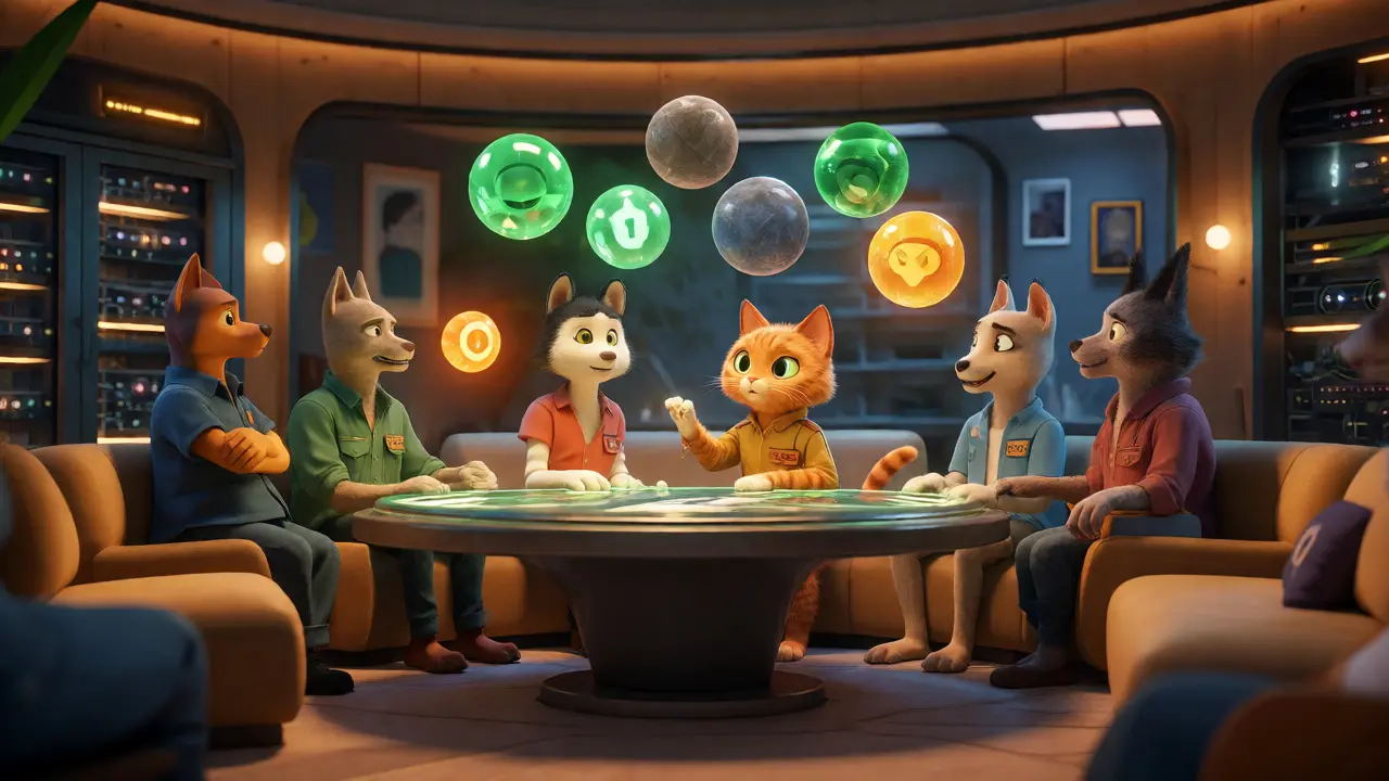 Anthropomorphic animals voting on project approvals in a high-tech command center.